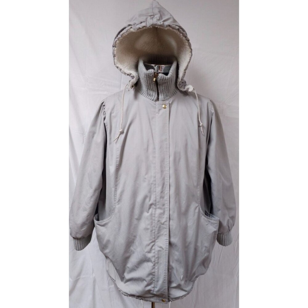 Vtg Windsor Bay JC Penny Womens Large Grey Sherpa Lined Zip Hooded Heavy Coat